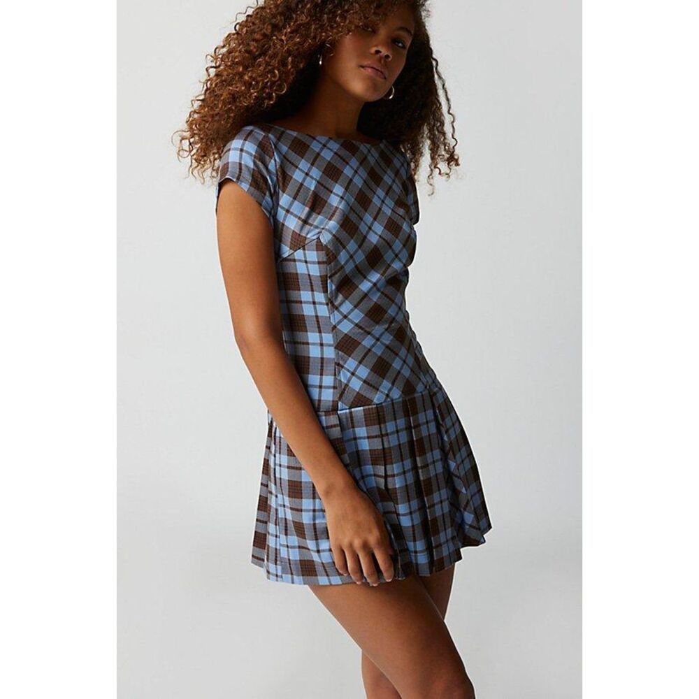 Urban Outfitters Bryan Tie-Back Mini Dress Blue and Brown - Size XS